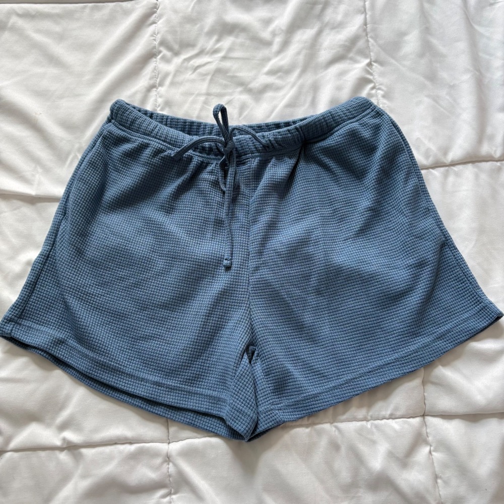 Ekouaer Waffle Knit Lounge Shorts Blue Drawstring Pajama Bottoms Womens Small